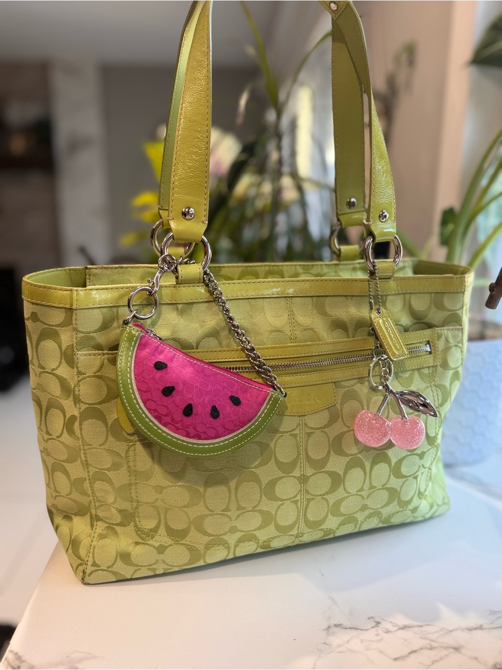 Coach Lime Green Signature Tote +Cherries 🍒 #F14694
